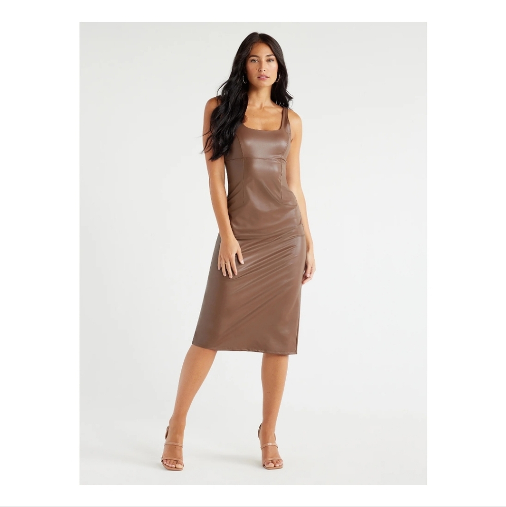 Chic Brown Faux Leather Midi Dress